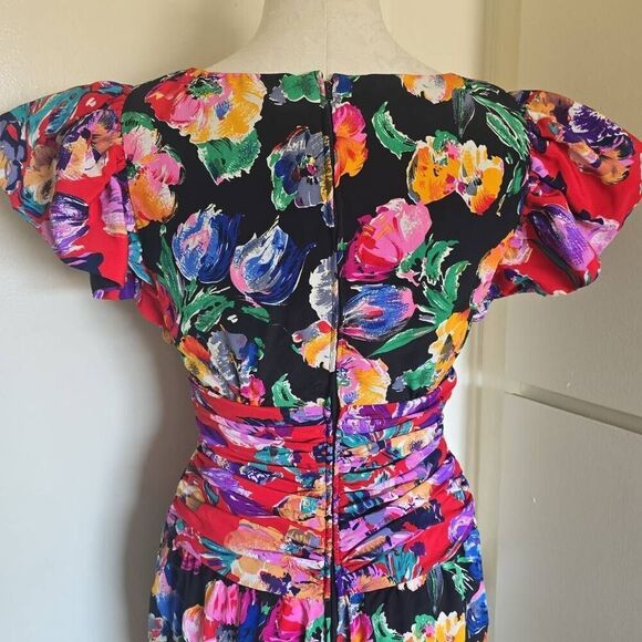 Vtg.1980s Floral Ruched Bodice Dress, Blk/Red Reverse Floral Prt. Ruffle Slv, S - Picture 7 of 7